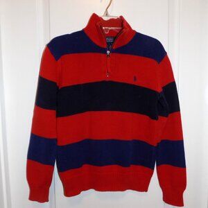 RALPH LAUREN Polo Boys Red Blue Striped Sweater 1/4 Zip Medium 10 12 14 Excellen